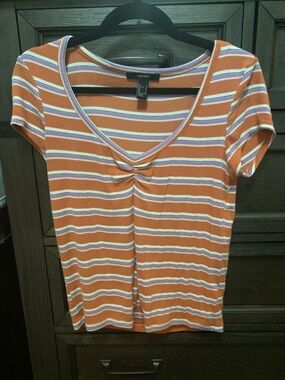 Forever 21 Orange, White & Lavender Striped V-Neck Tee